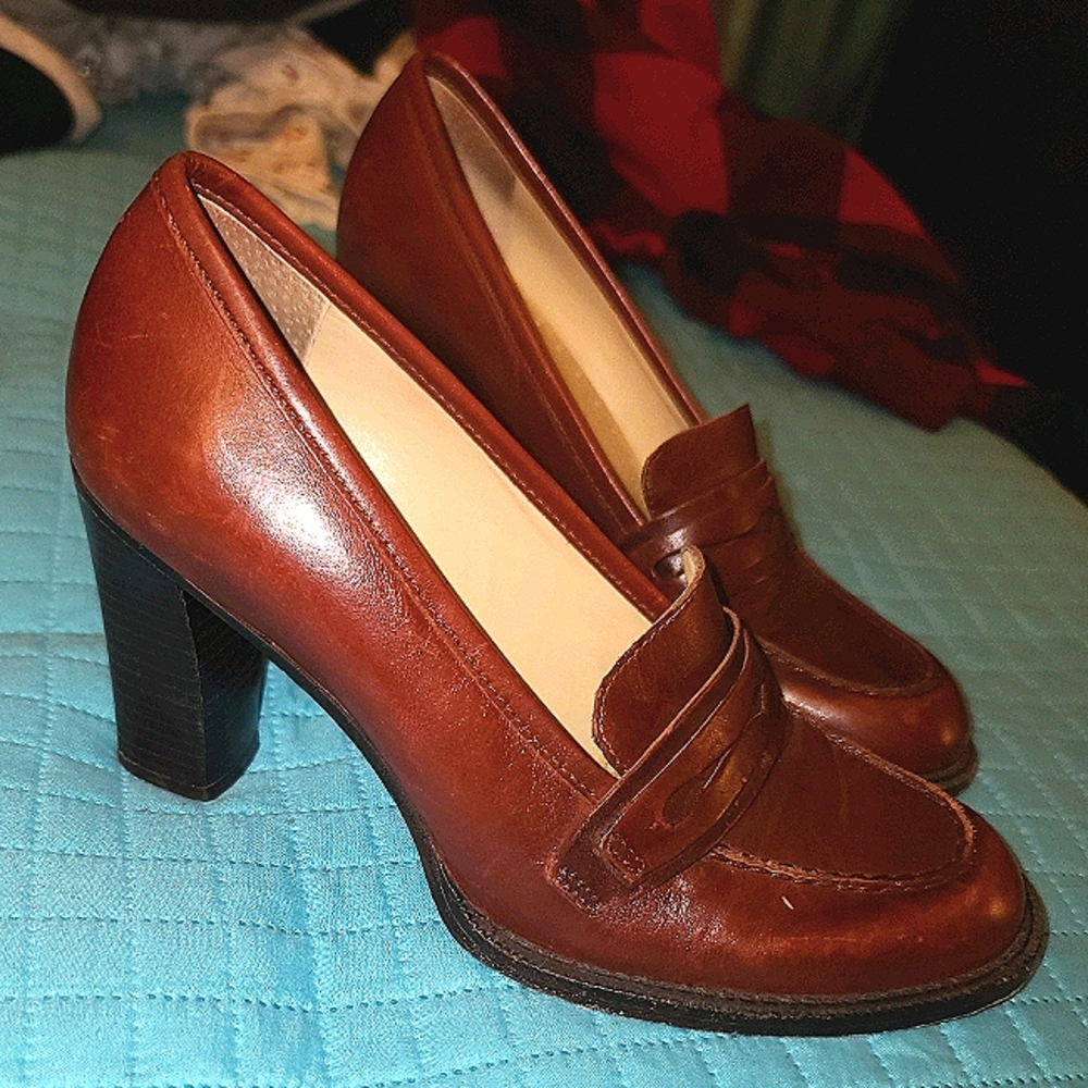 Rust leather chunky heel Penny loafer